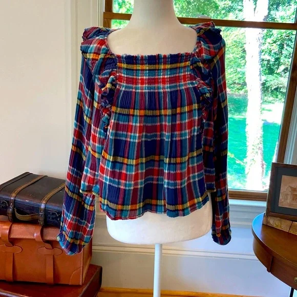 We the FREE Womens Navy Plaid Long Sleeve
Square Neck Top Ruffle Sz XS. - Picture 2 of 8